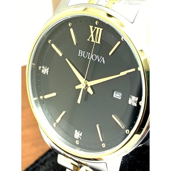 Bulova Men's Watch 98D163 Black Dial Diamond Accent Quartz Two Tone Steel - Picture 1 of 13